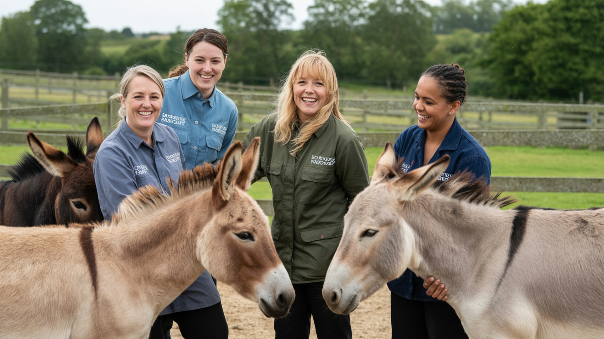 Happy donkey sanctuary workers caring for donkeys in a peaceful pastoral setting in the UK